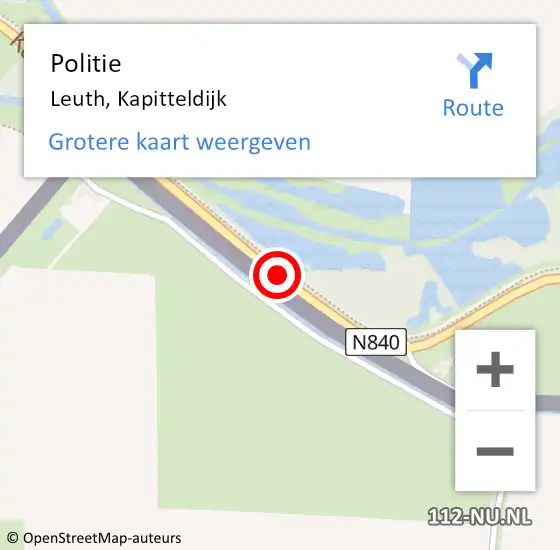 Locatie op kaart van de 112 melding: Politie Leuth, Kapitteldijk op 26 oktober 2015 01:33