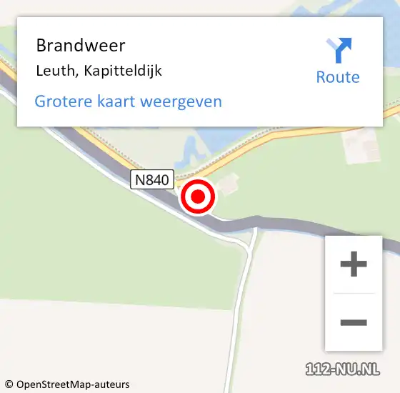 Locatie op kaart van de 112 melding: Brandweer Leuth, Kapitteldijk op 26 oktober 2015 01:35