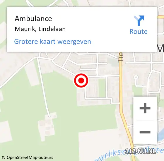 Locatie op kaart van de 112 melding: Ambulance Maurik, Lindelaan op 29 oktober 2015 17:11