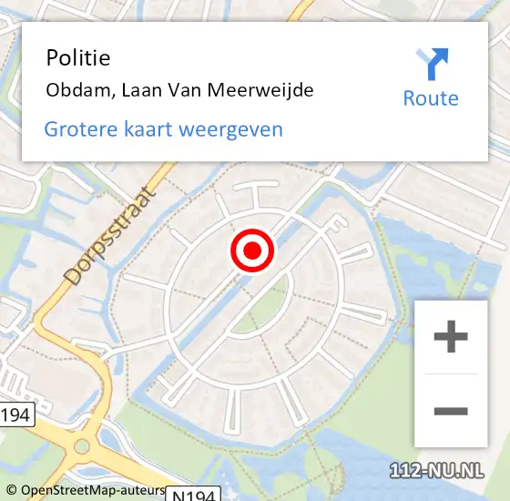 Locatie op kaart van de 112 melding: Politie Obdam, Laan Van Meerweijde op 30 oktober 2015 14:25