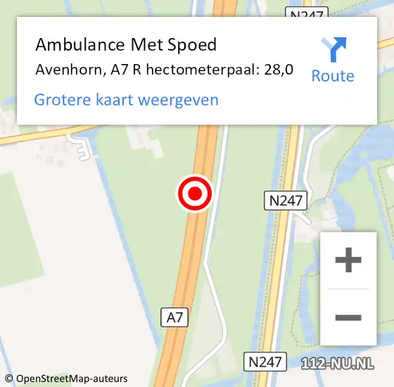 Locatie op kaart van de 112 melding: Ambulance Met Spoed Naar Avenhorn, A7 hectometerpaal: 29,0 op 31 oktober 2015 06:56