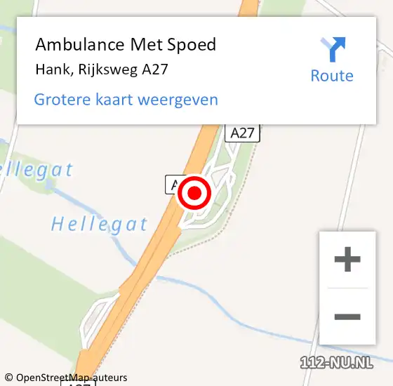 Locatie op kaart van de 112 melding: Ambulance Met Spoed Naar Hank, Rijksweg A27 op 31 oktober 2015 18:34