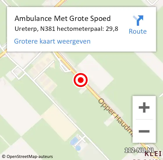 Locatie op kaart van de 112 melding: Ambulance Met Grote Spoed Naar Ureterp, N381 hectometerpaal: 29,8 op 6 september 2013 11:55