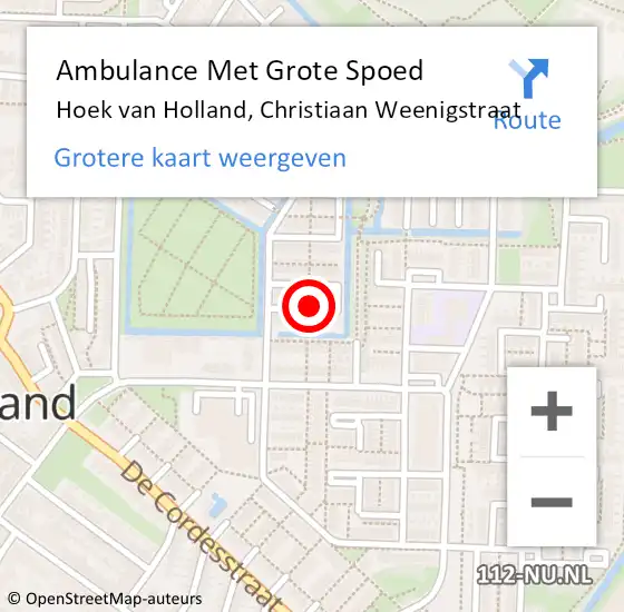 Locatie op kaart van de 112 melding: Ambulance Met Grote Spoed Naar Hoek van Holland, Christiaan Weenigstraat op 4 november 2015 04:29