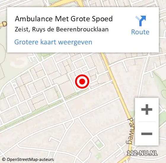 Locatie op kaart van de 112 melding: Ambulance Met Grote Spoed Naar Zeist, Ruys de Beerenbroucklaan op 6 november 2015 12:57