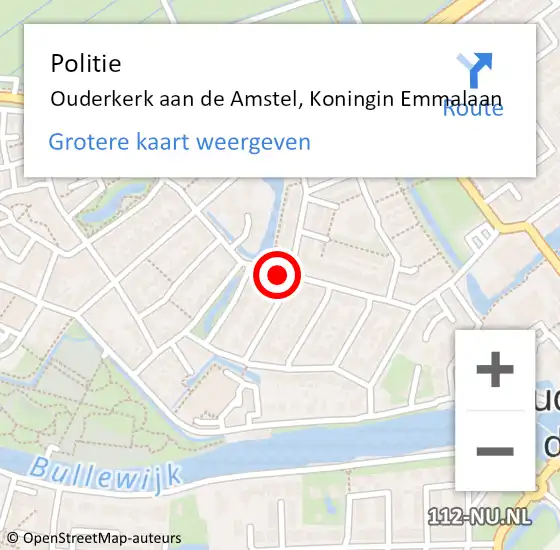 Locatie op kaart van de 112 melding: Politie Ouderkerk aan de Amstel, Koningin Emmalaan op 7 november 2015 21:53