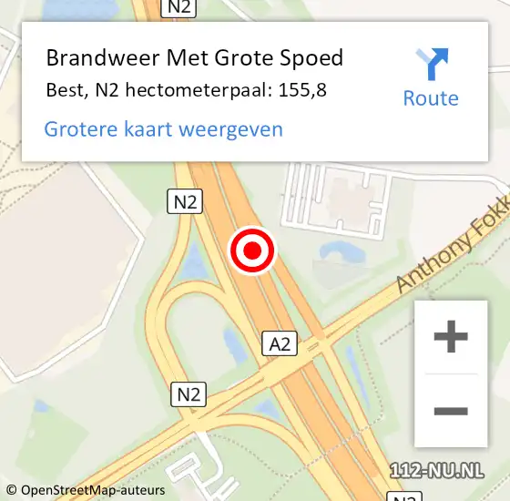 Locatie op kaart van de 112 melding: Brandweer Met Grote Spoed Naar Best, N2 hectometerpaal: 155,8 op 8 november 2015 09:18