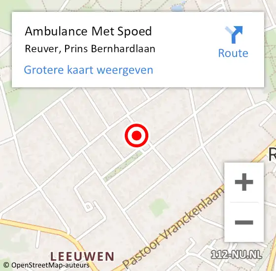 Locatie op kaart van de 112 melding: Ambulance Met Spoed Naar Reuver, Prins Bernhardlaan op 8 november 2015 18:04