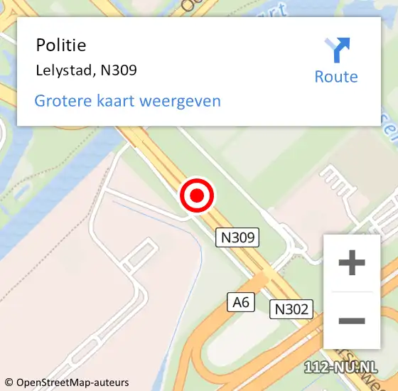 Locatie op kaart van de 112 melding: Politie Lelystad, N309 op 9 november 2015 10:34