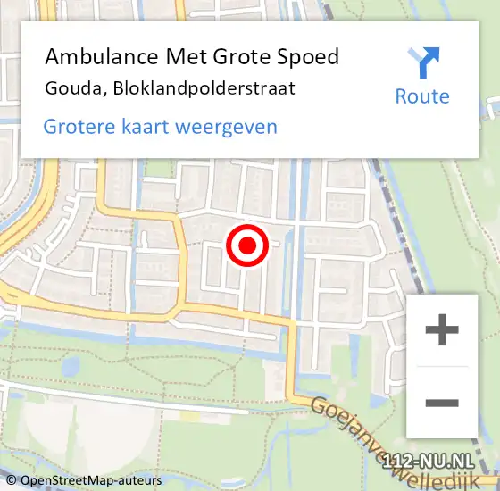 Locatie op kaart van de 112 melding: Ambulance Met Grote Spoed Naar Gouda, Bloklandpolderstraat op 9 november 2015 19:11