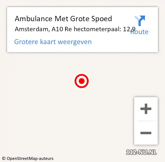 Locatie op kaart van de 112 melding: Ambulance Met Grote Spoed Naar Amsterdam, A10 Re hectometerpaal: 12,7 op 10 november 2015 07:21