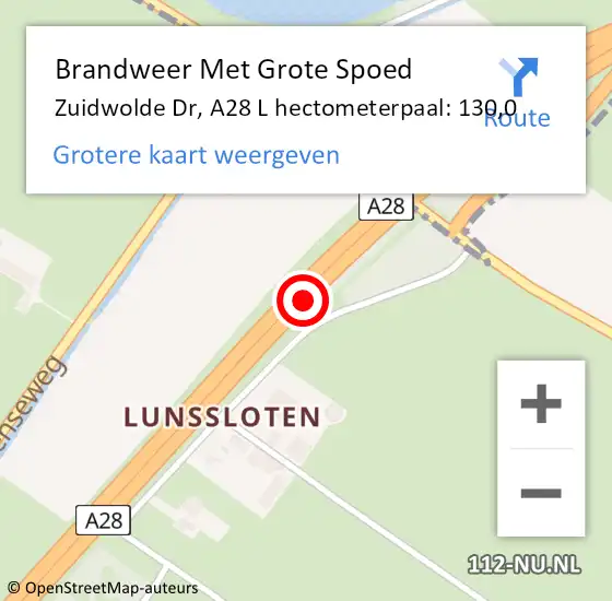 Locatie op kaart van de 112 melding: Brandweer Met Grote Spoed Naar Zuidwolde Dr, A28 L hectometerpaal: 130,1 op 10 november 2015 08:09