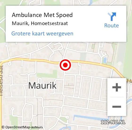 Locatie op kaart van de 112 melding: Ambulance Met Spoed Naar Maurik, Homoetsestraat op 10 november 2015 21:11