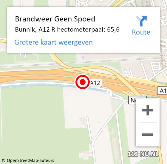 Locatie op kaart van de 112 melding: Brandweer Geen Spoed Naar Bunnik, A12 R hectometerpaal: 65,6 op 11 november 2015 15:02