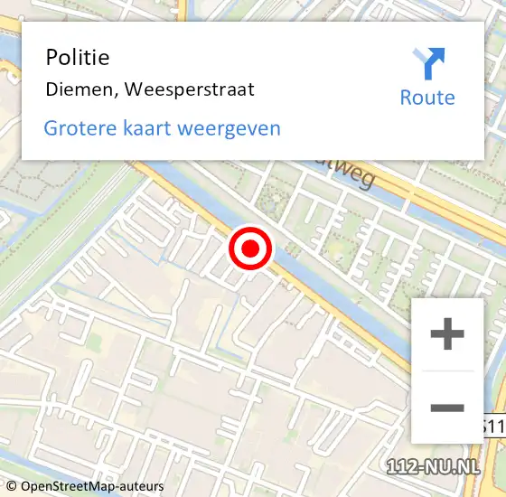 Locatie op kaart van de 112 melding: Politie Diemen, Weesperstraat op 12 november 2015 12:40