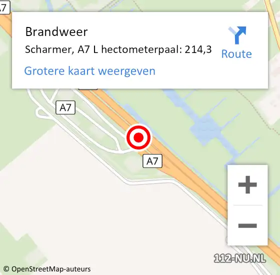 Locatie op kaart van de 112 melding: Brandweer Scharmer, A7 L hectometerpaal: 214,3 op 12 november 2015 18:40