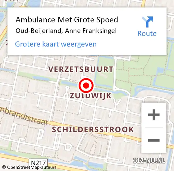 Locatie op kaart van de 112 melding: Ambulance Met Grote Spoed Naar Oud-Beijerland, Anne Franksingel op 13 november 2015 07:06