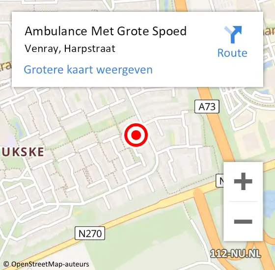 Locatie op kaart van de 112 melding: Ambulance Met Grote Spoed Naar Venray, Harpstraat op 14 november 2015 11:06