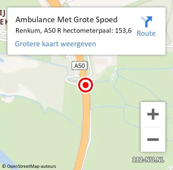 Locatie op kaart van de 112 melding: Ambulance Met Grote Spoed Naar Renkum, A50 R hectometerpaal: 153,6 op 19 november 2015 07:31