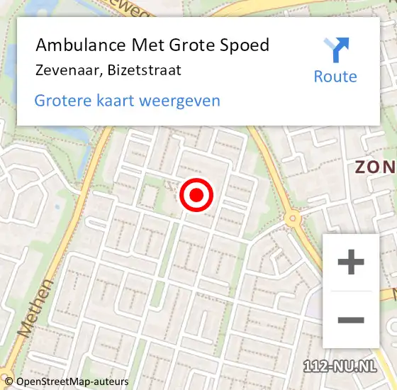 Locatie op kaart van de 112 melding: Ambulance Met Grote Spoed Naar Zevenaar, Bizetstraat op 21 november 2015 18:47