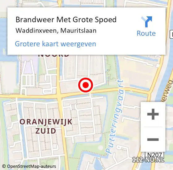 Locatie op kaart van de 112 melding: Brandweer Met Grote Spoed Naar Waddinxveen, Mauritslaan op 27 november 2013 18:29