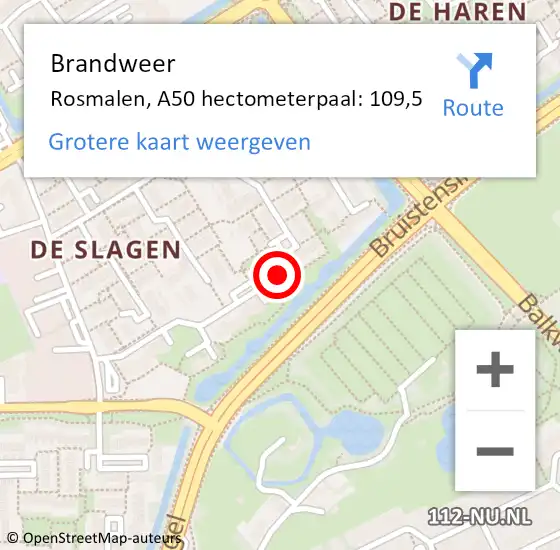 Locatie op kaart van de 112 melding: Brandweer Rosmalen, A50 hectometerpaal: 109,5 op 23 november 2015 14:08