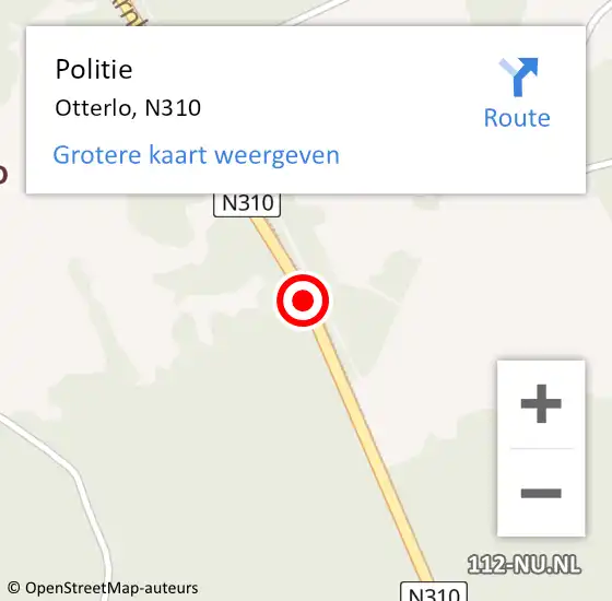 Locatie op kaart van de 112 melding: Politie Otterlo, N310 op 25 november 2015 15:39