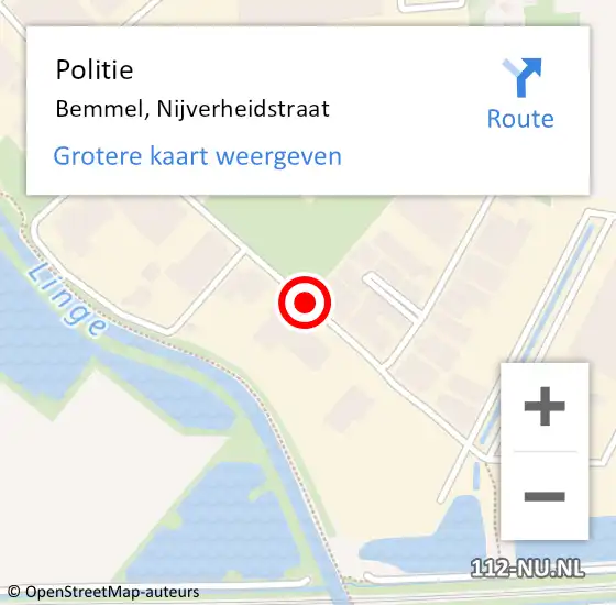 Locatie op kaart van de 112 melding: Politie Bemmel, Nijverheidstraat op 25 november 2015 22:42