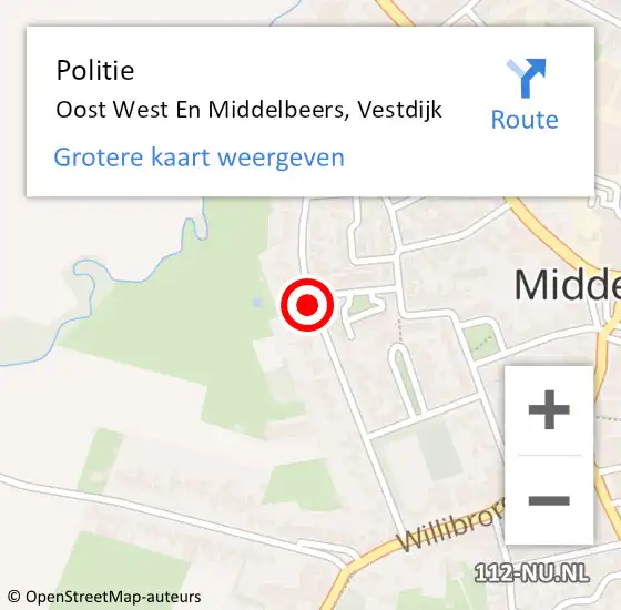 Locatie op kaart van de 112 melding: Politie Oost West En Middelbeers, Vestdijk op 26 november 2015 13:36