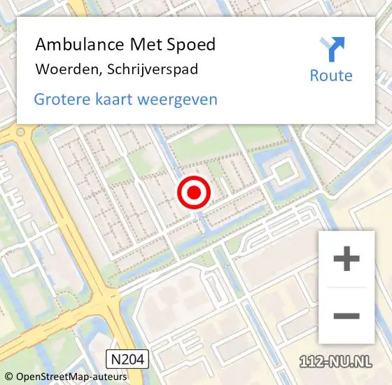 Locatie op kaart van de 112 melding: Ambulance Met Spoed Naar Woerden, Schrijverspad op 27 november 2015 16:14