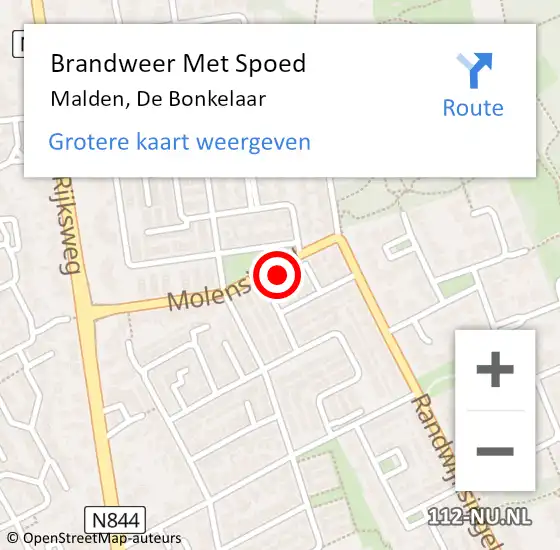 Locatie op kaart van de 112 melding: Brandweer Met Spoed Naar Malden, De Bonkelaar op 27 november 2015 18:20