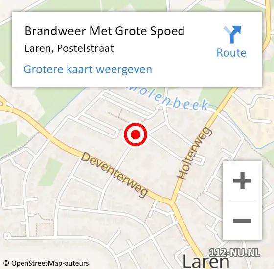 Locatie op kaart van de 112 melding: Brandweer Met Grote Spoed Naar Laren, Postelstraat op 28 november 2015 00:59