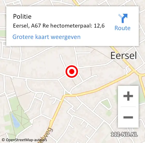 Locatie op kaart van de 112 melding: Politie Eersel, A67 Re hectometerpaal: 10,0 op 28 november 2015 14:22