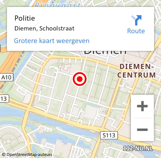 Locatie op kaart van de 112 melding: Politie Diemen, Schoolstraat op 30 november 2015 16:54