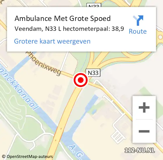 Locatie op kaart van de 112 melding: Ambulance Met Grote Spoed Naar Veendam, N33 L hectometerpaal: 38,9 op 1 december 2015 07:49