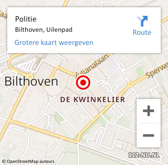 Locatie op kaart van de 112 melding: Politie Bilthoven, Uilenpad op 1 december 2015 12:35