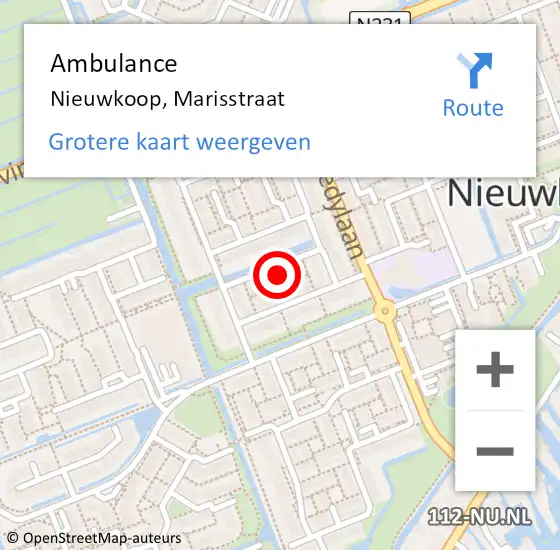 Locatie op kaart van de 112 melding: Ambulance Nieuwkoop, Marisstraat op 1 december 2015 13:59