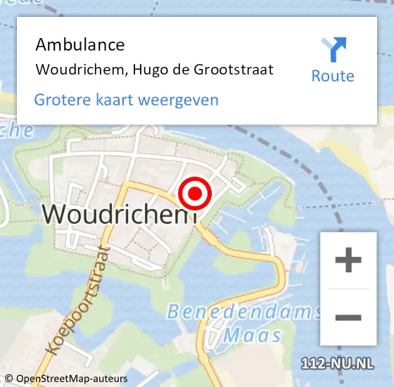 Locatie op kaart van de 112 melding: Ambulance Woudrichem, Hugo de Grootstraat op 2 december 2015 09:31