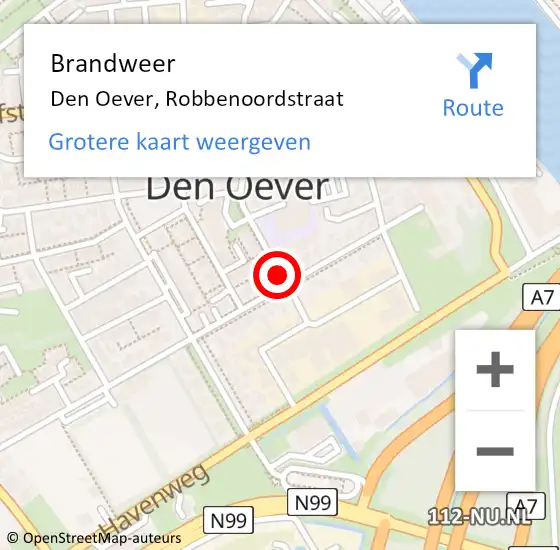 Locatie op kaart van de 112 melding: Brandweer Den Oever, Robbenoordstraat op 2 december 2015 20:31