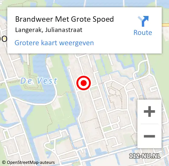 Locatie op kaart van de 112 melding: Brandweer Met Grote Spoed Naar Langerak, Julianastraat op 2 december 2015 20:36