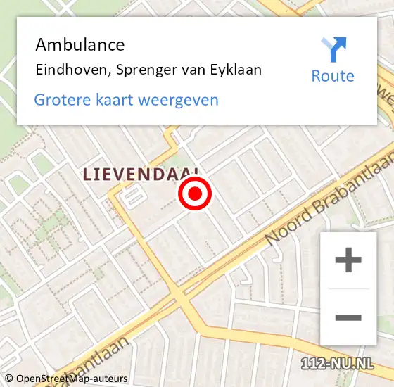 Locatie op kaart van de 112 melding: Ambulance Eindhoven, Sprenger van Eyklaan op 3 december 2015 20:42