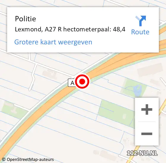 Locatie op kaart van de 112 melding: Politie Lexmond, A27 op 4 december 2015 16:05