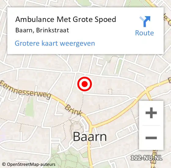 Locatie op kaart van de 112 melding: Ambulance Met Grote Spoed Naar Baarn, Brinkstraat op 5 december 2015 02:51