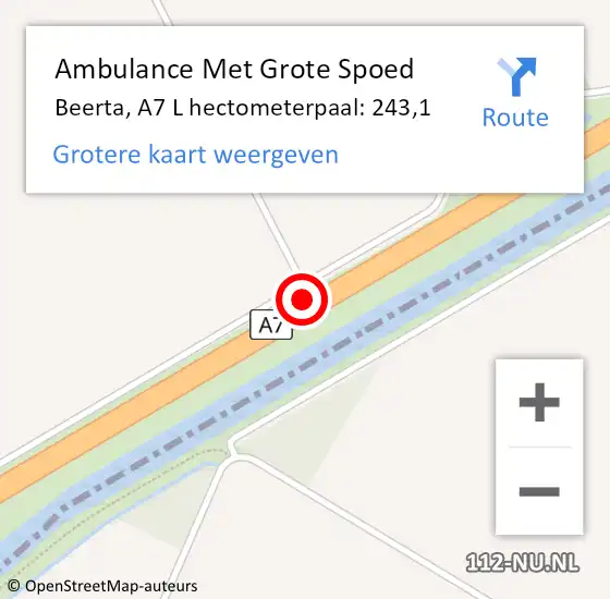 Locatie op kaart van de 112 melding: Ambulance Met Grote Spoed Naar Beerta, A7 L hectometerpaal: 243,1 op 6 december 2015 03:39