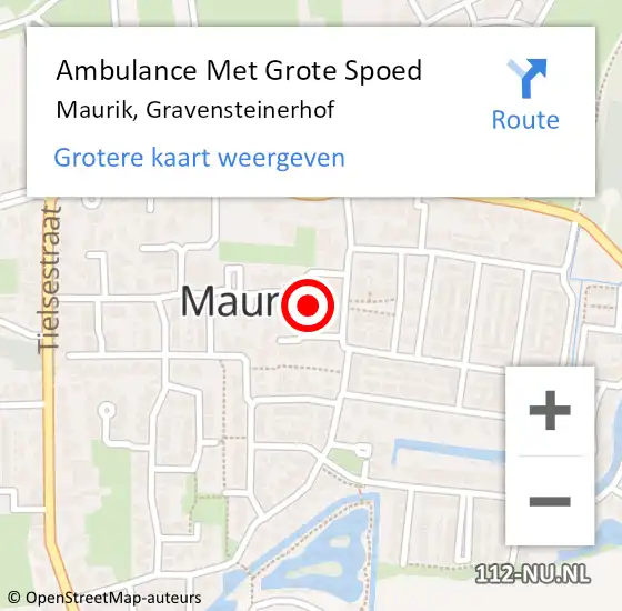 Locatie op kaart van de 112 melding: Ambulance Met Grote Spoed Naar Maurik, Gravensteinerhof op 7 december 2015 01:57