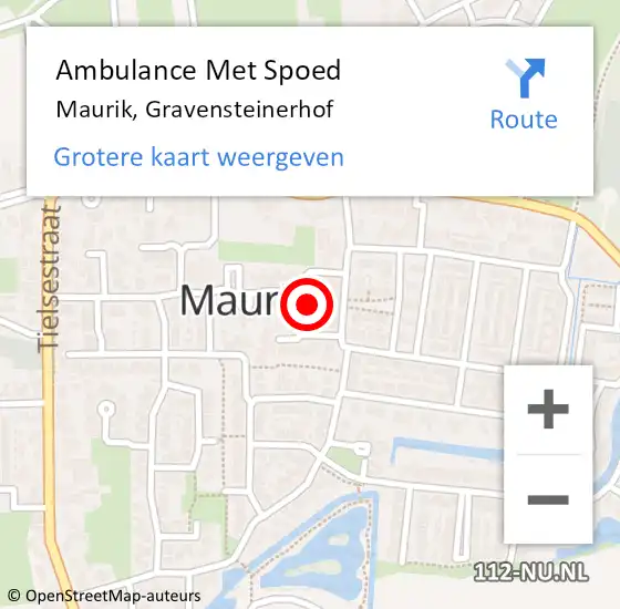 Locatie op kaart van de 112 melding: Ambulance Met Spoed Naar Maurik, Gravensteinerhof op 7 december 2015 20:59