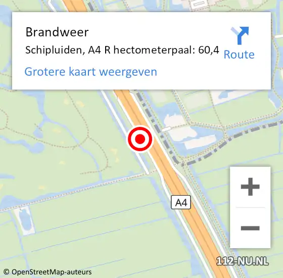 Locatie op kaart van de 112 melding: Brandweer Schipluiden, A4 R hectometerpaal: 60,4 op 8 december 2015 09:44