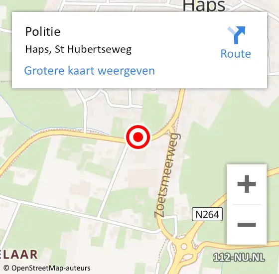 Locatie op kaart van de 112 melding: Politie Haps, St Hubertseweg op 9 december 2015 07:50