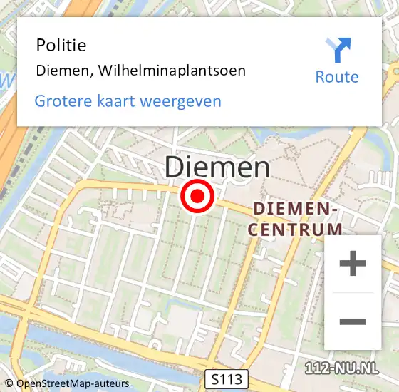 Locatie op kaart van de 112 melding: Politie Diemen, Wilhelminaplantsoen op 9 december 2015 08:18