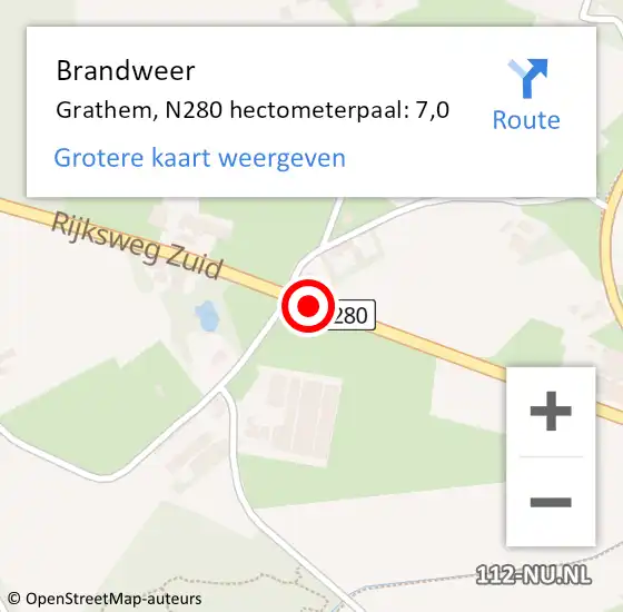 Locatie op kaart van de 112 melding: Brandweer Grathem, N280 hectometerpaal: 7,0 op 9 december 2015 11:15